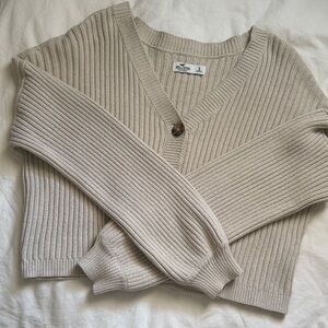 Hollister Ribbed V-Neck Button Cardigan Sweater - Light Beige